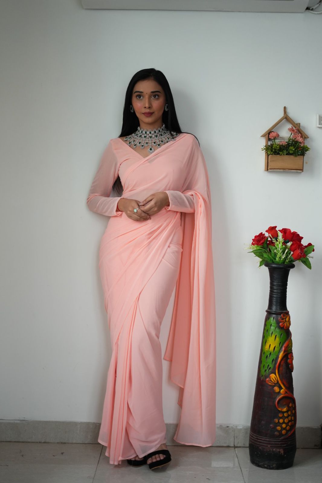 Plain Peach Color Ready To Wear Georgette Saree