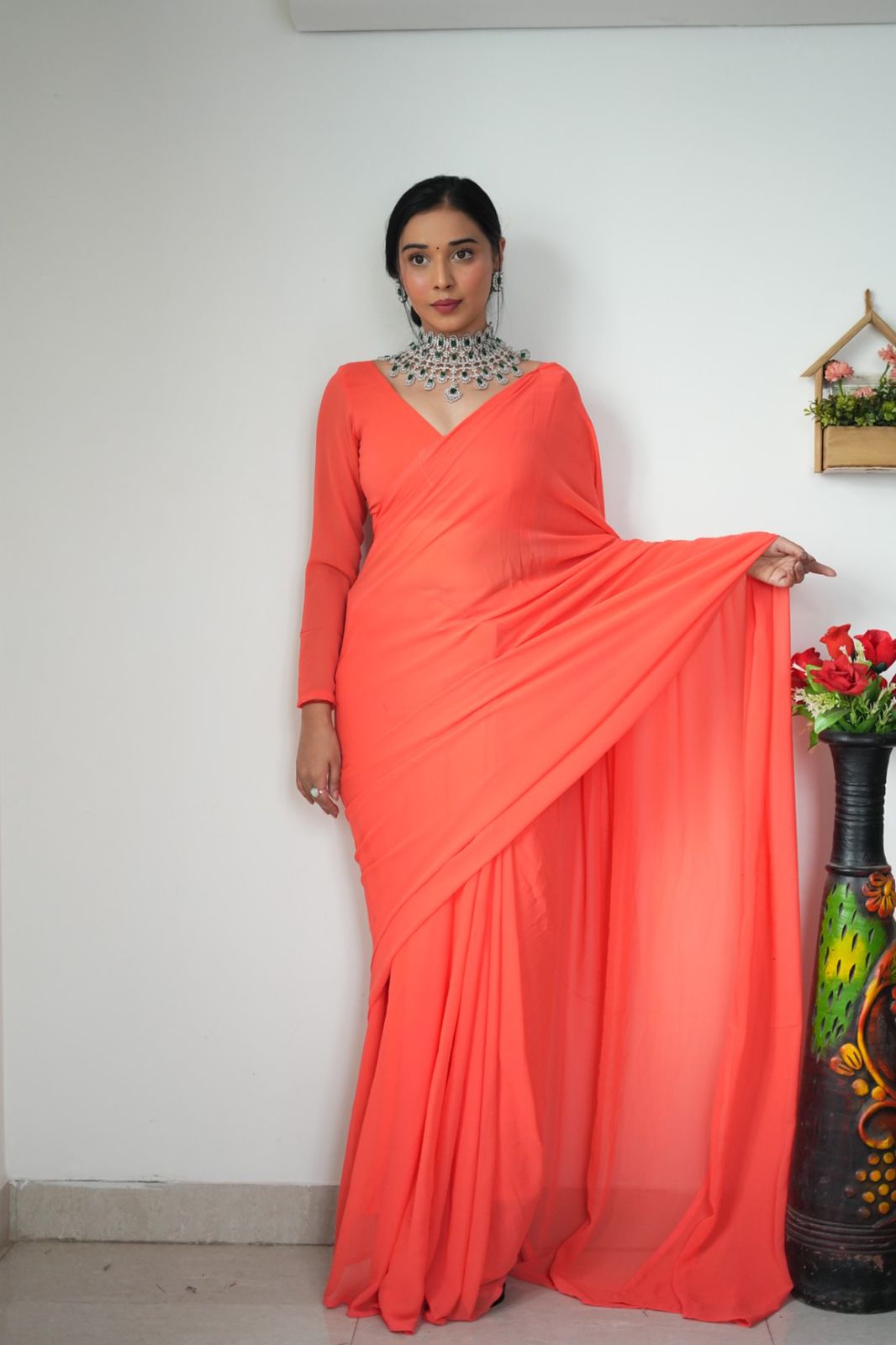 Plain Orange Color Ready To Wear Georgette Saree