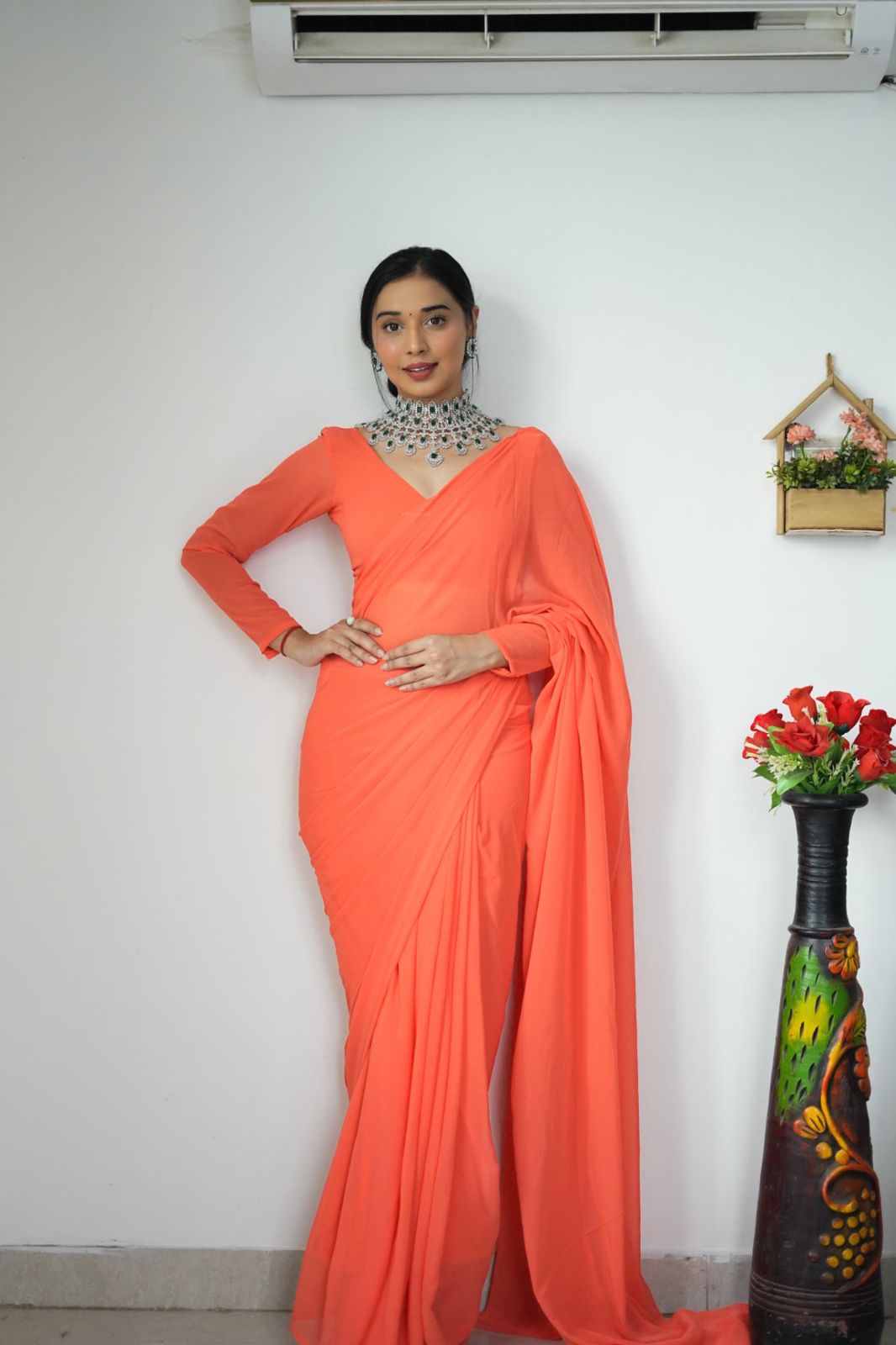 Plain Orange Color Ready To Wear Georgette Saree