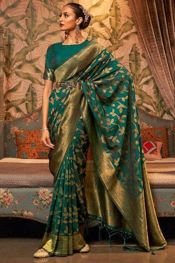 Copper Jari Design Green Color Lichi Silk Saree
