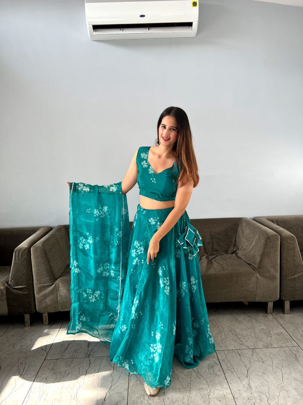 Amazing Digital Print Aqua Green Organza Silk Lehenga Choli