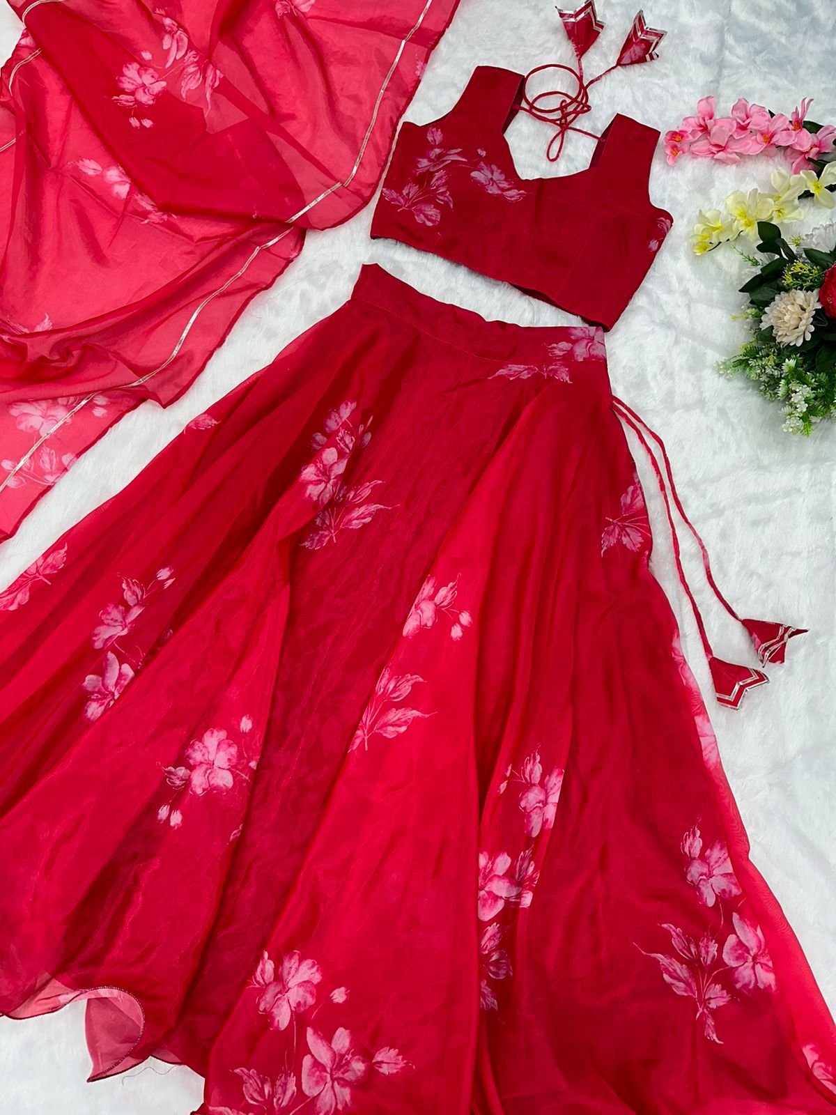 Amazing Digital Print Red Organza Silk Lehenga Choli