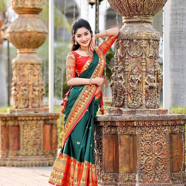Wedding Wear Green With Red Color Golden Jari Design Saree