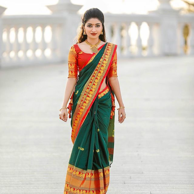 Wedding Wear Green With Red Color Golden Jari Design Saree