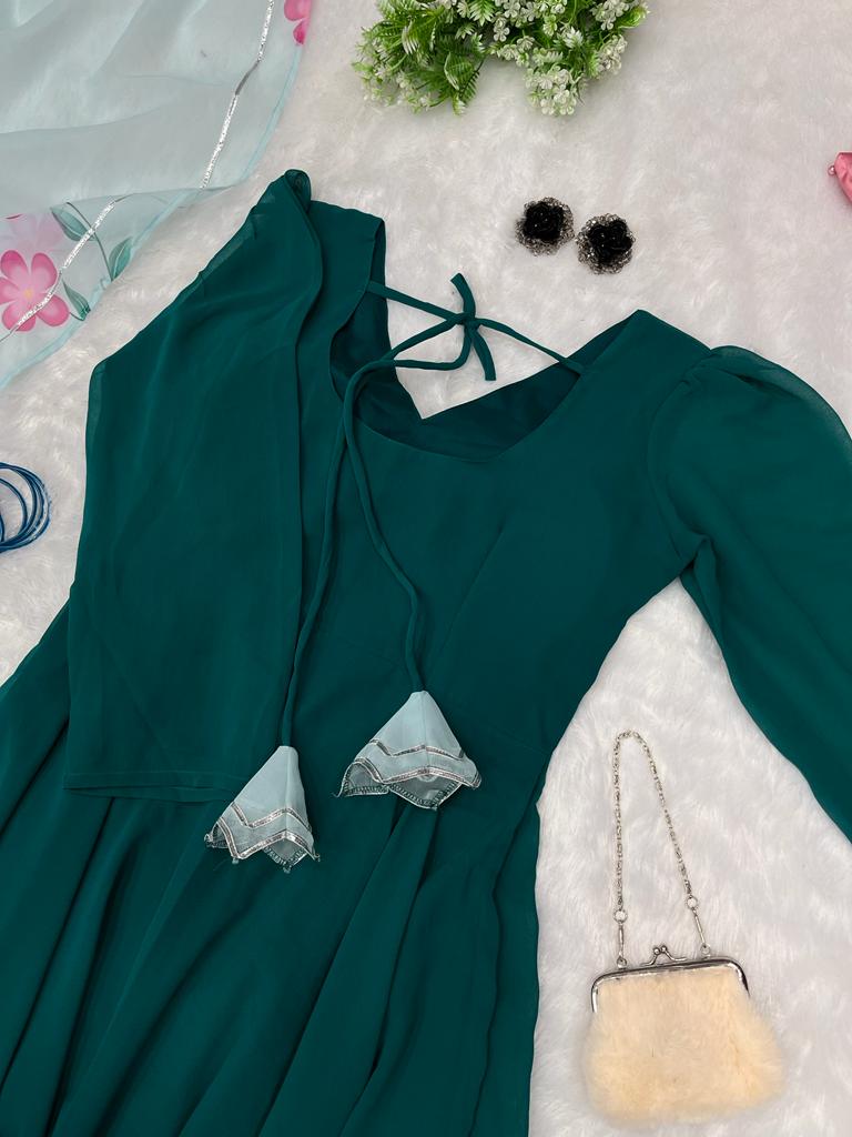 Bottle Green Color Plain Full Sleeve Anarkali Gown