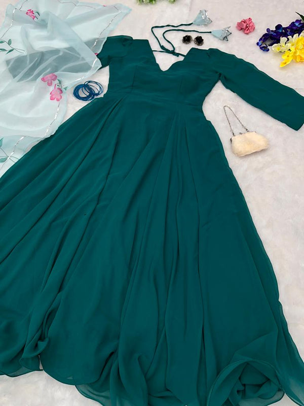 Bottle Green Color Plain Full Sleeve Anarkali Gown