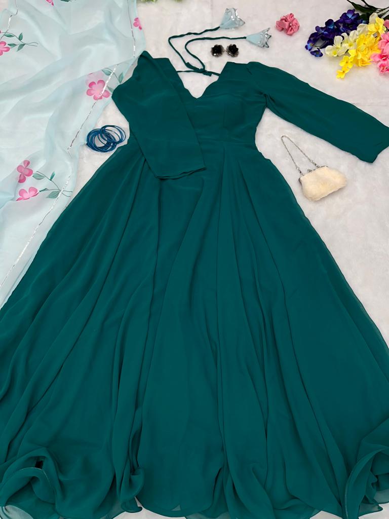 Bottle Green Color Plain Full Sleeve Anarkali Gown
