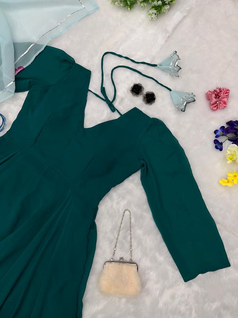 Bottle Green Color Plain Full Sleeve Anarkali Gown