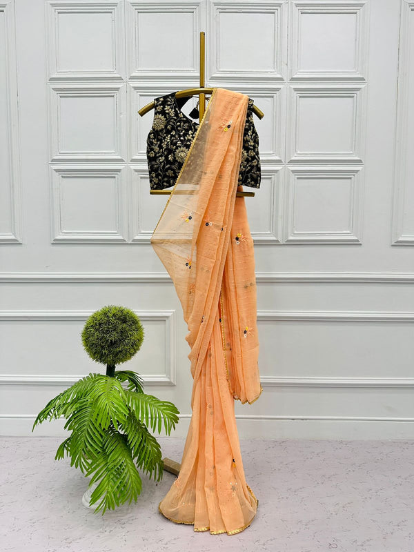 Good Looking Peach Color Thread Work Saree