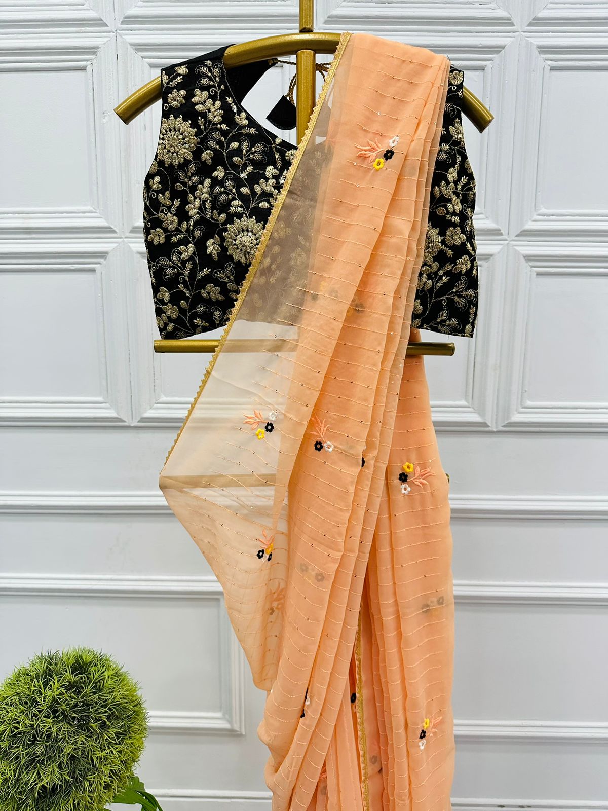 Good Looking Peach Color Thread Work Saree