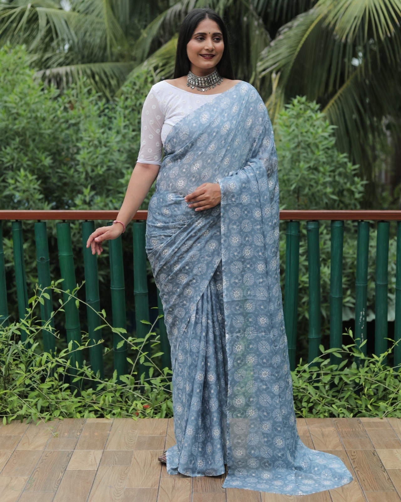 Gray Color Printed Foil Work Chiffon Silk Saree