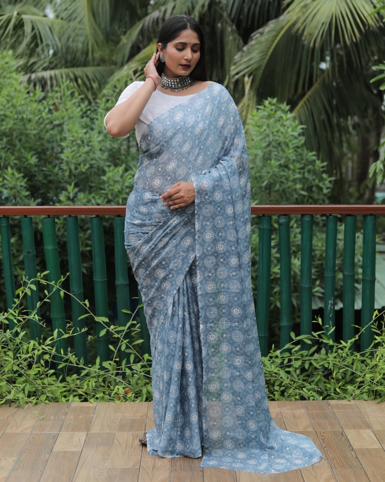 Gray Color Printed Foil Work Chiffon Silk Saree