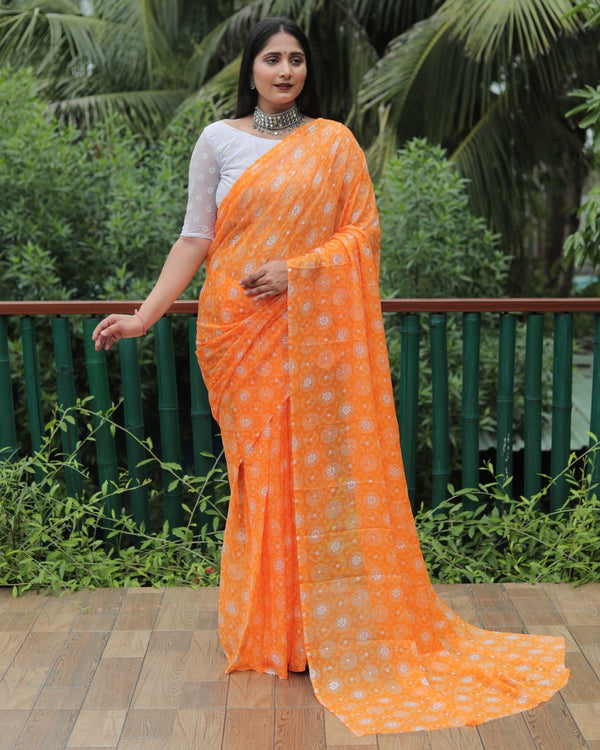 Orange Color Printed Foil Work Chiffon Silk Saree