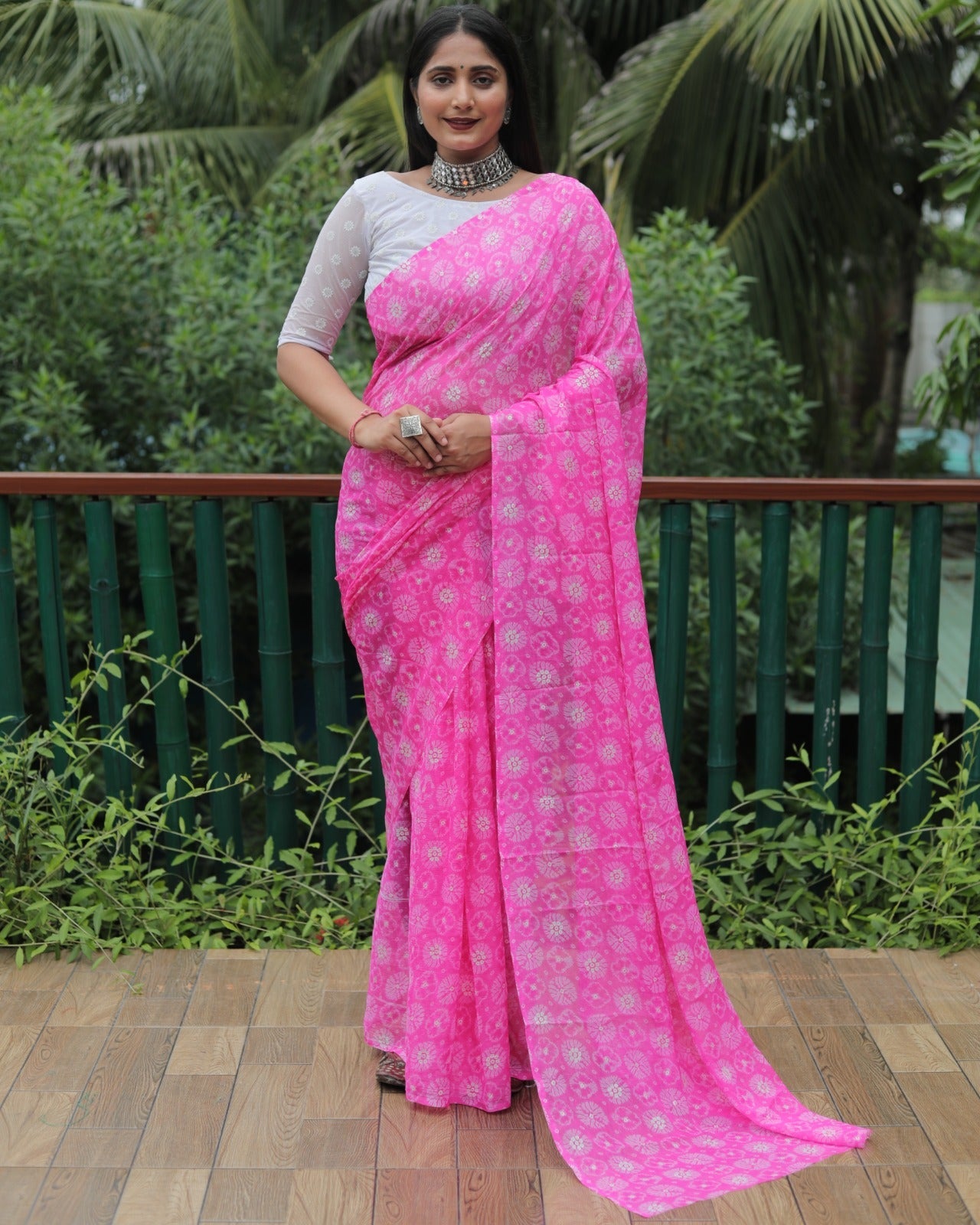 Pink Color Printed Foil Work Chiffon Silk Saree