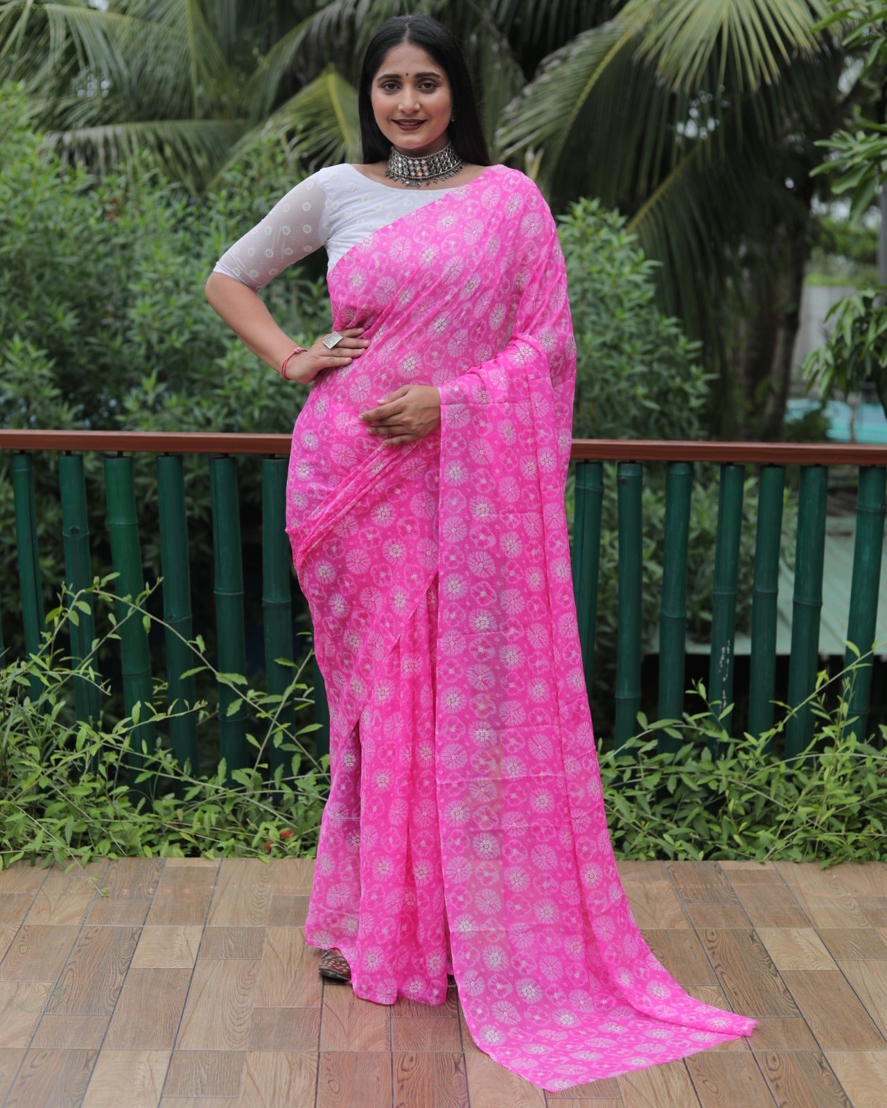 Pink Color Printed Foil Work Chiffon Silk Saree