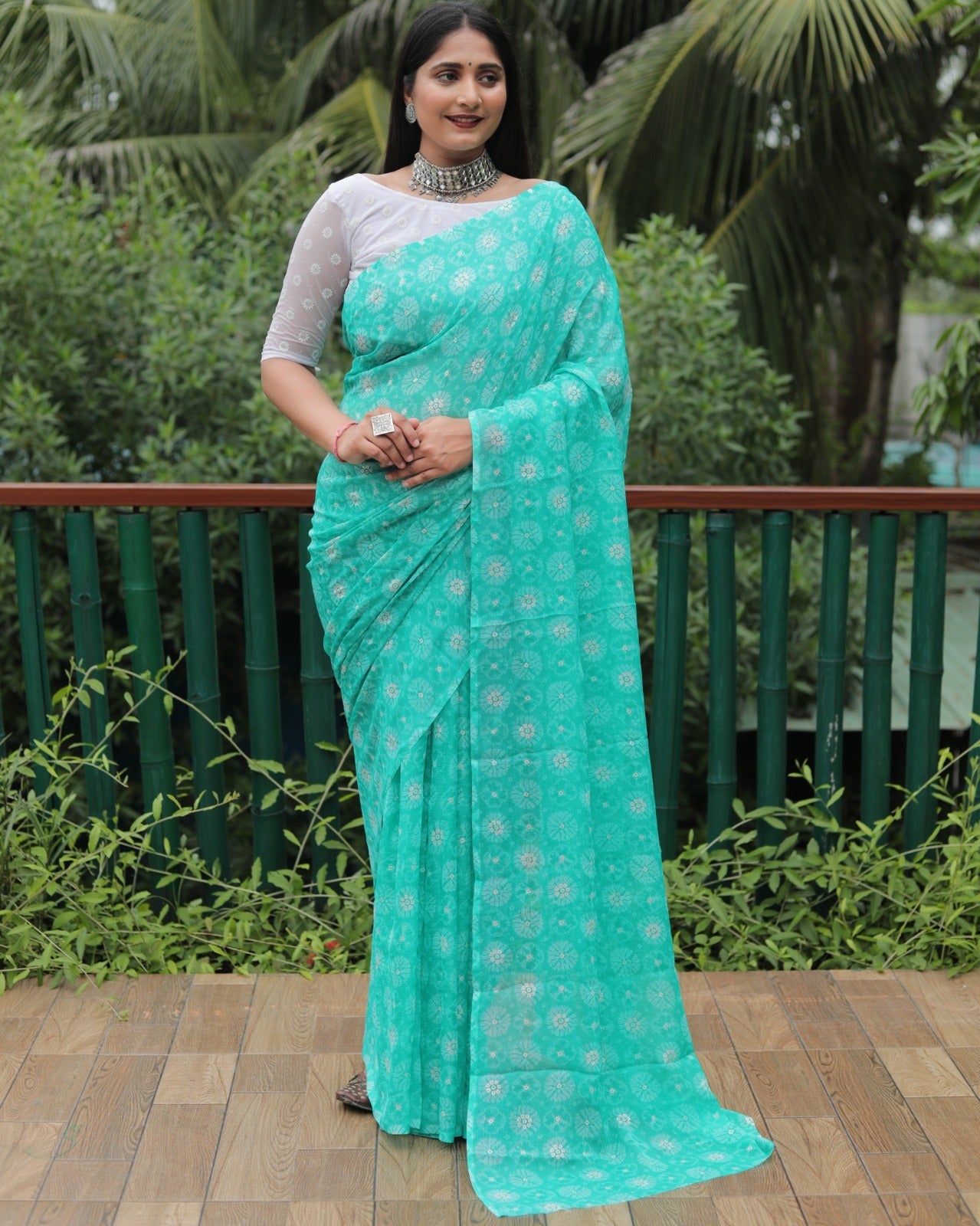 Aqua Green Color Printed Foil Work Chiffon Silk Saree