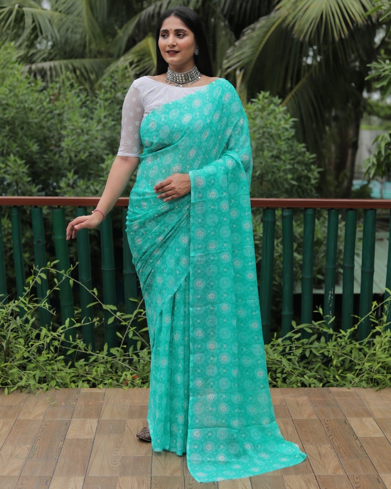 Aqua Green Color Printed Foil Work Chiffon Silk Saree