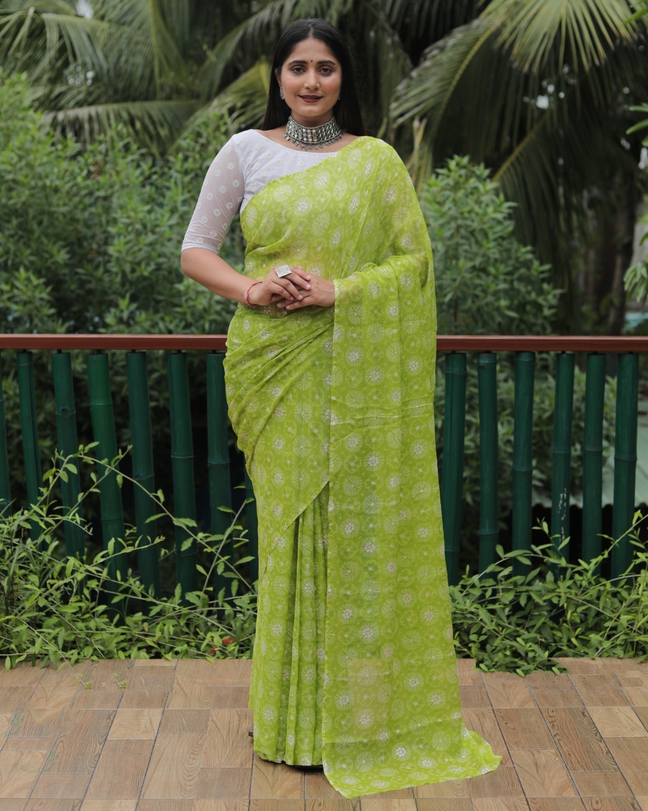 Parrot Green Color Printed Foil Work Chiffon Silk Saree