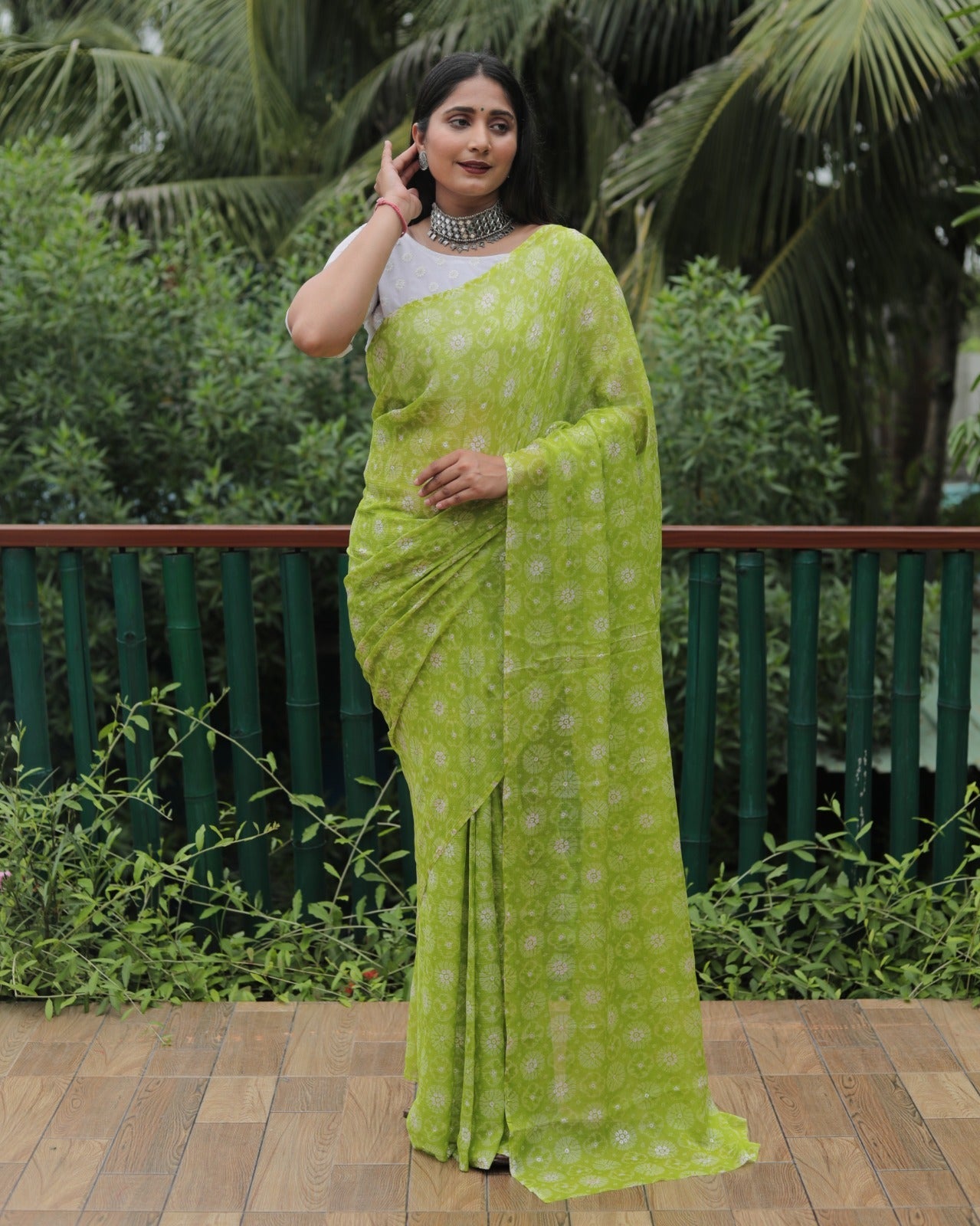 Parrot Green Color Printed Foil Work Chiffon Silk Saree