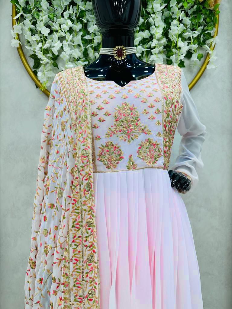 Heavy Work Light Pink Color Naira Cut Kurti With Palazzo