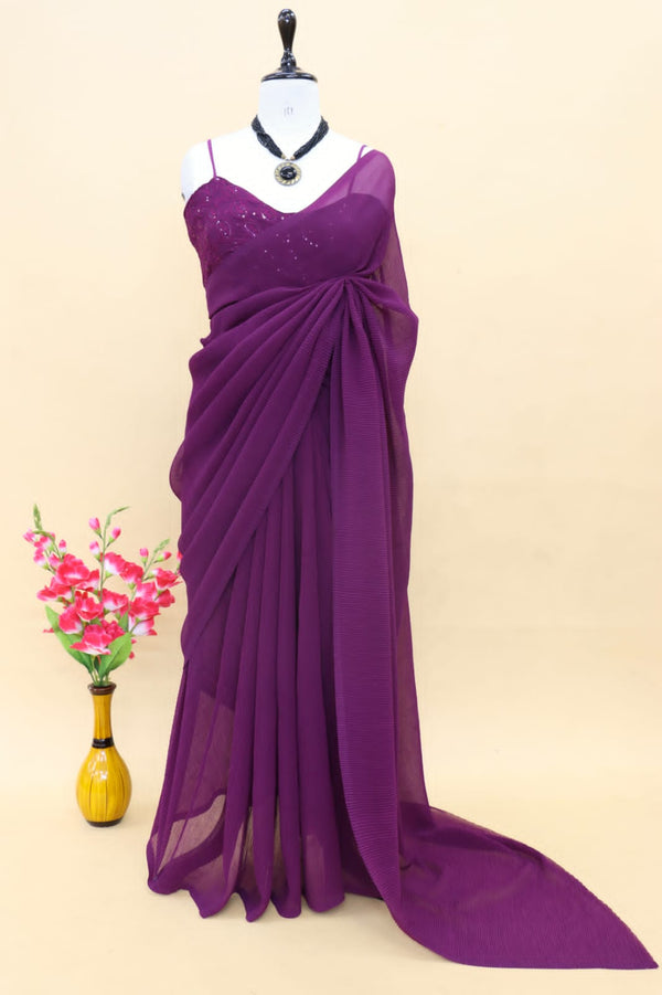 Plated Wine Color Saree With Beautiful Work Blouse