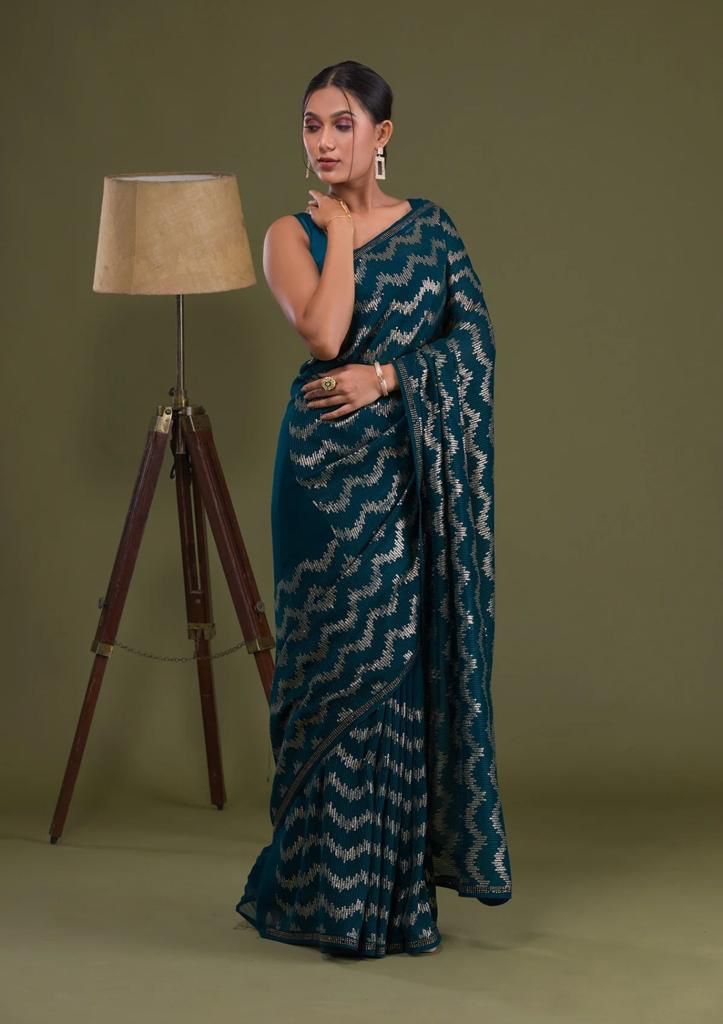 Beautiful Work Teal Blue Color Party Wear Saree