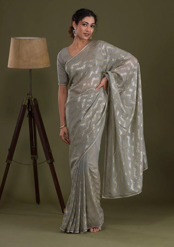 Beautiful Work Grey Color Party Wear Saree