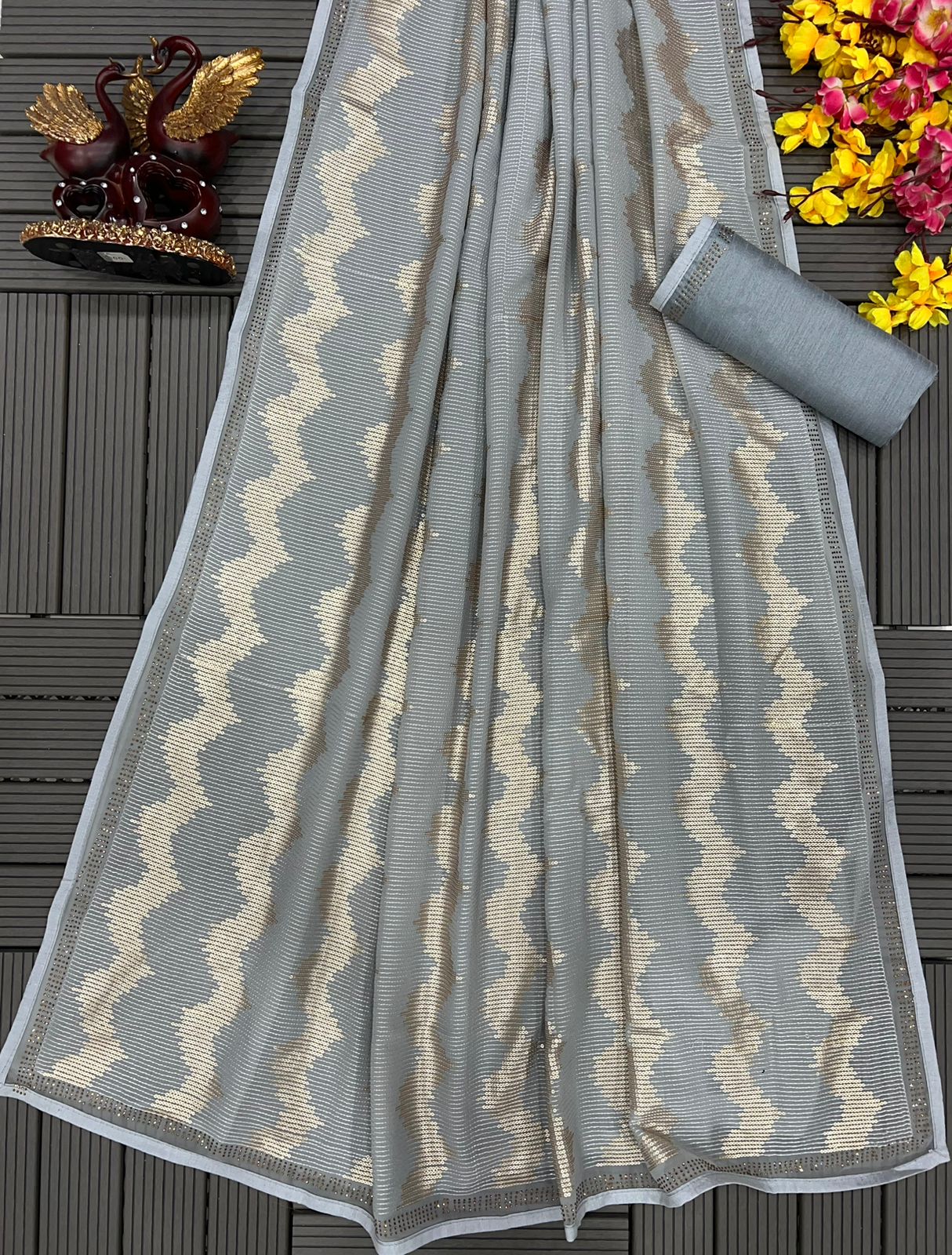 Beautiful Work Grey Color Party Wear Saree