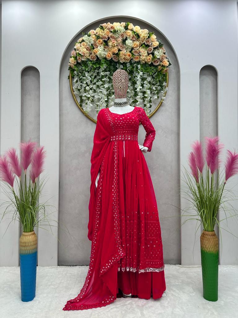 Fantastic Sequence Work Red Color Gown With Sharara