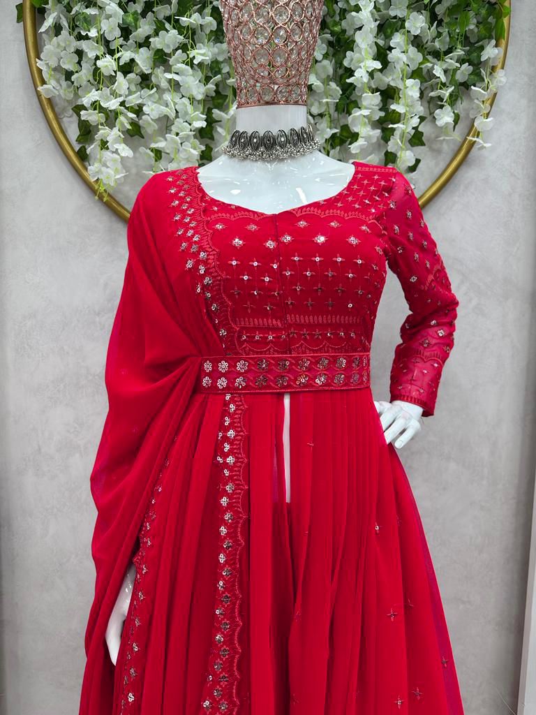 Fantastic Sequence Work Red Color Gown With Sharara