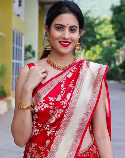 Wedding Wear Red Color Jari Design Saree