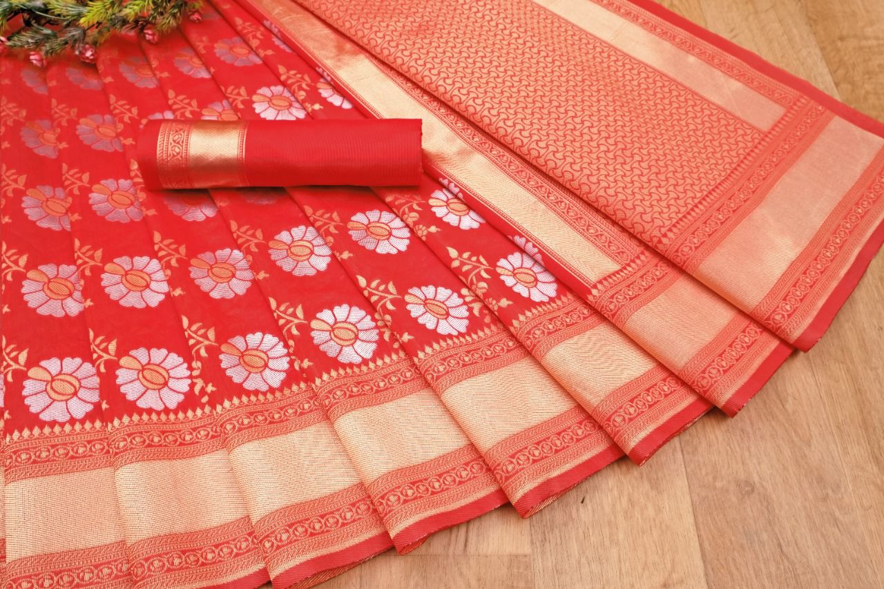 Wedding Wear Red Color Jari Design Saree