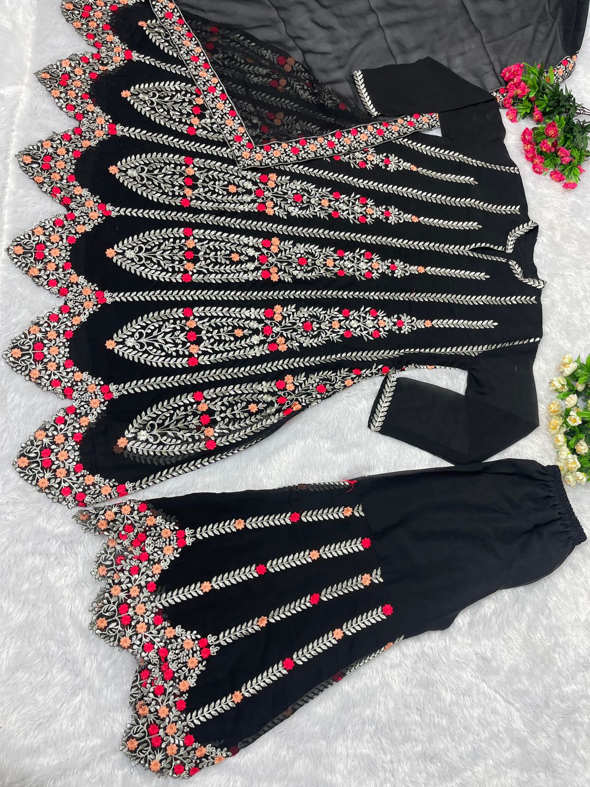 Fully Embroidered Cut Work Black Color Palazzo Suit