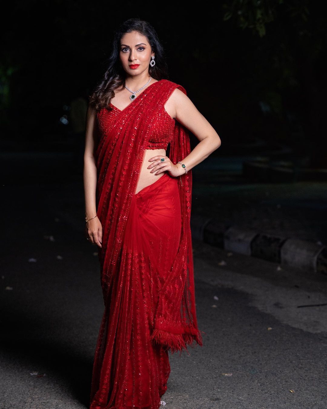 Embellished Sequence Work Red Color Saree