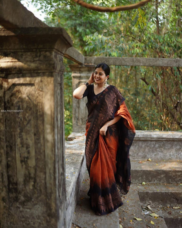 Mesmerizing  Black With Orange Color Saree