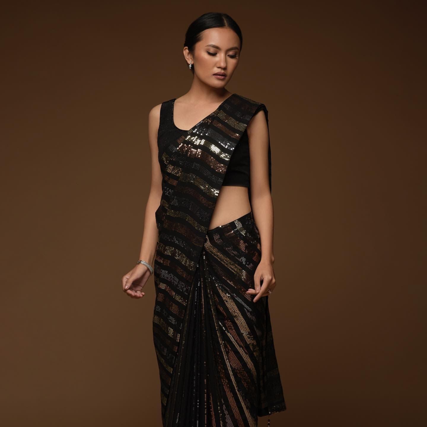 Glimmering Triple Sequence Work Black Color Saree