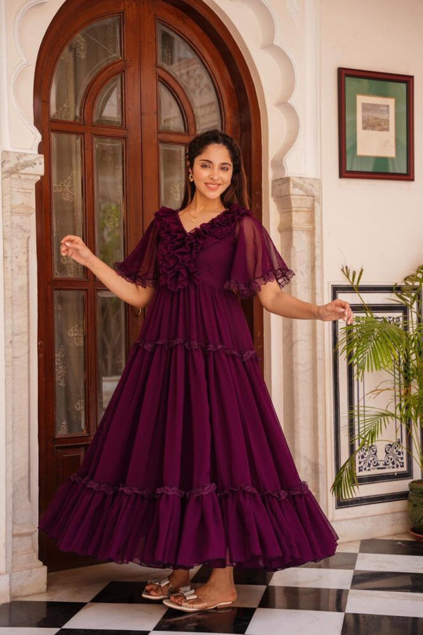 Awesome Wine Color Fancy Sleeve Gown