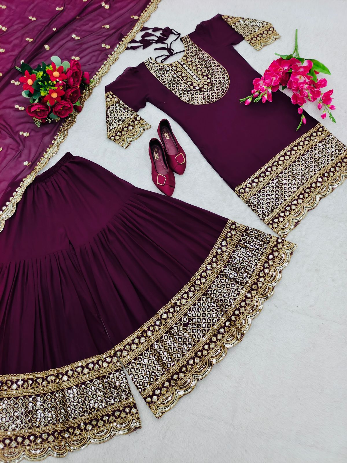 Superhit Wine Color Embroidery Work Sharara Suit