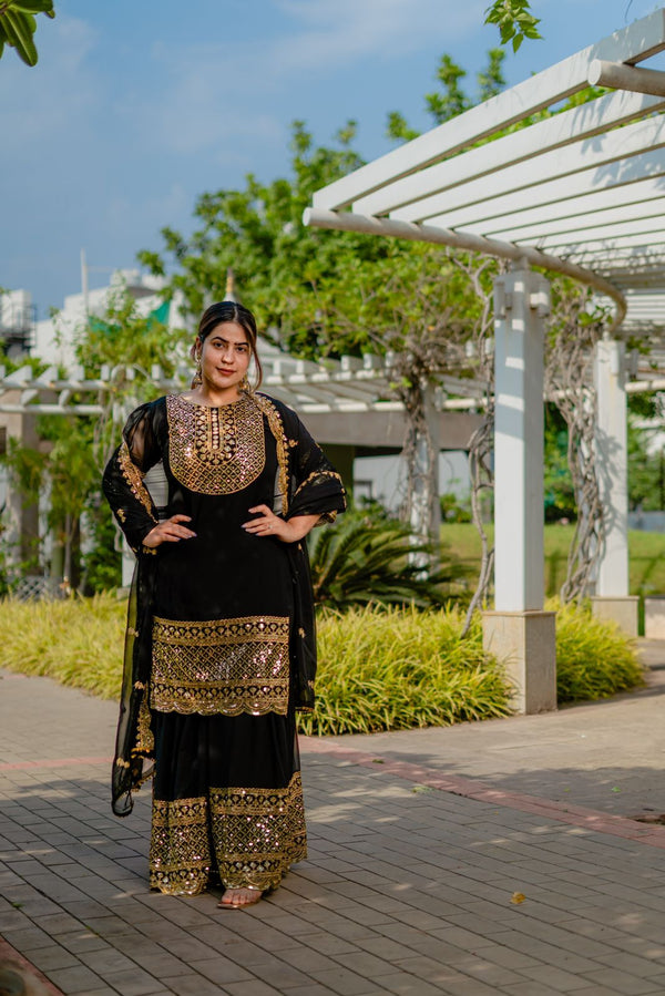 Superhit Black Color Embroidery Work Sharara Suit