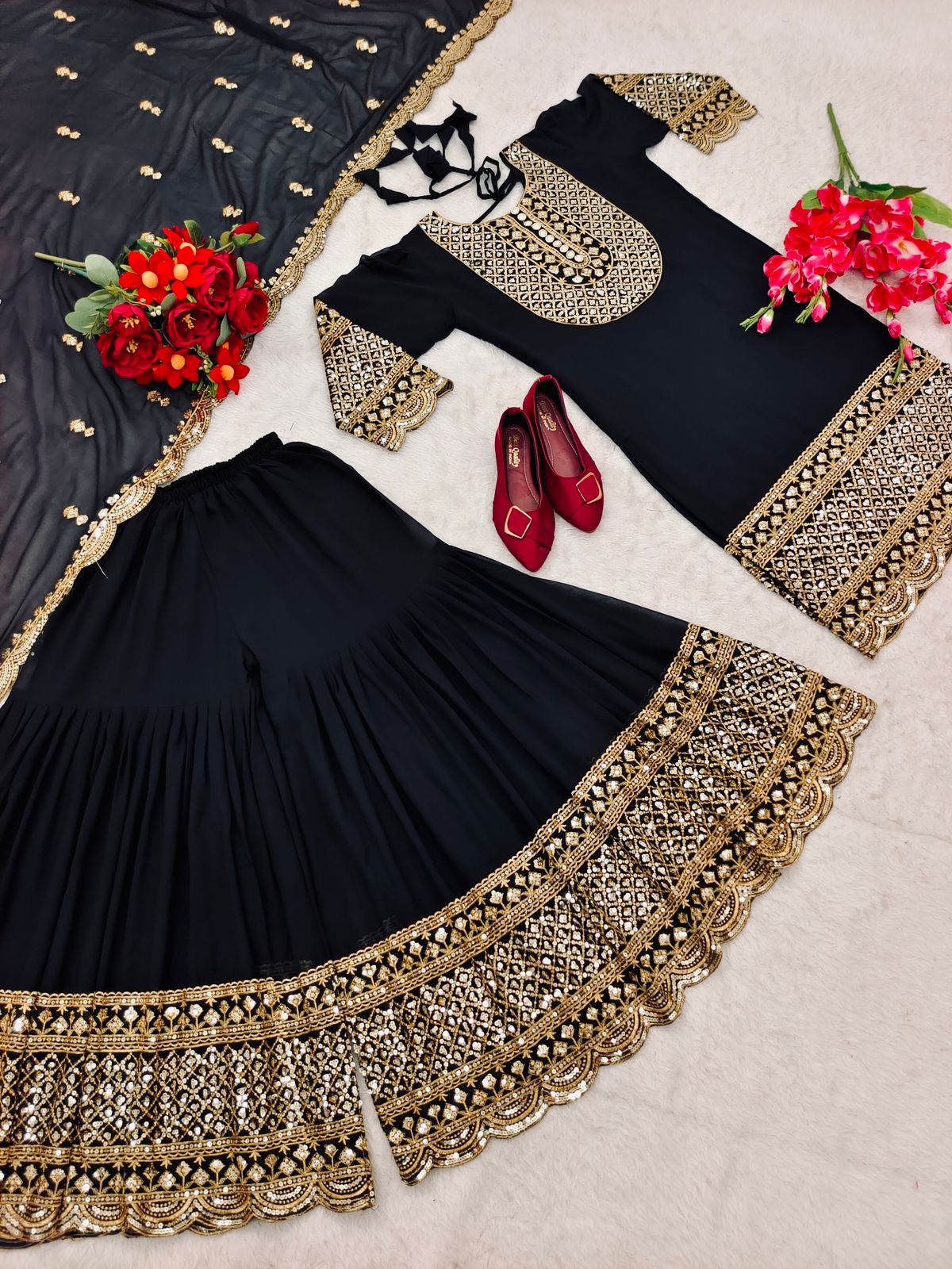 Superhit Black Color Embroidery Work Sharara Suit