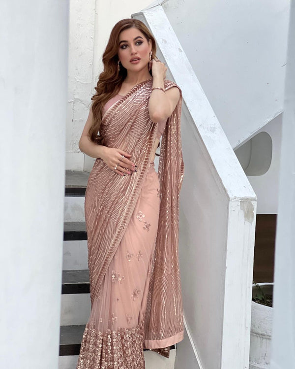 Embellished Sequence Work Peach Color Saree