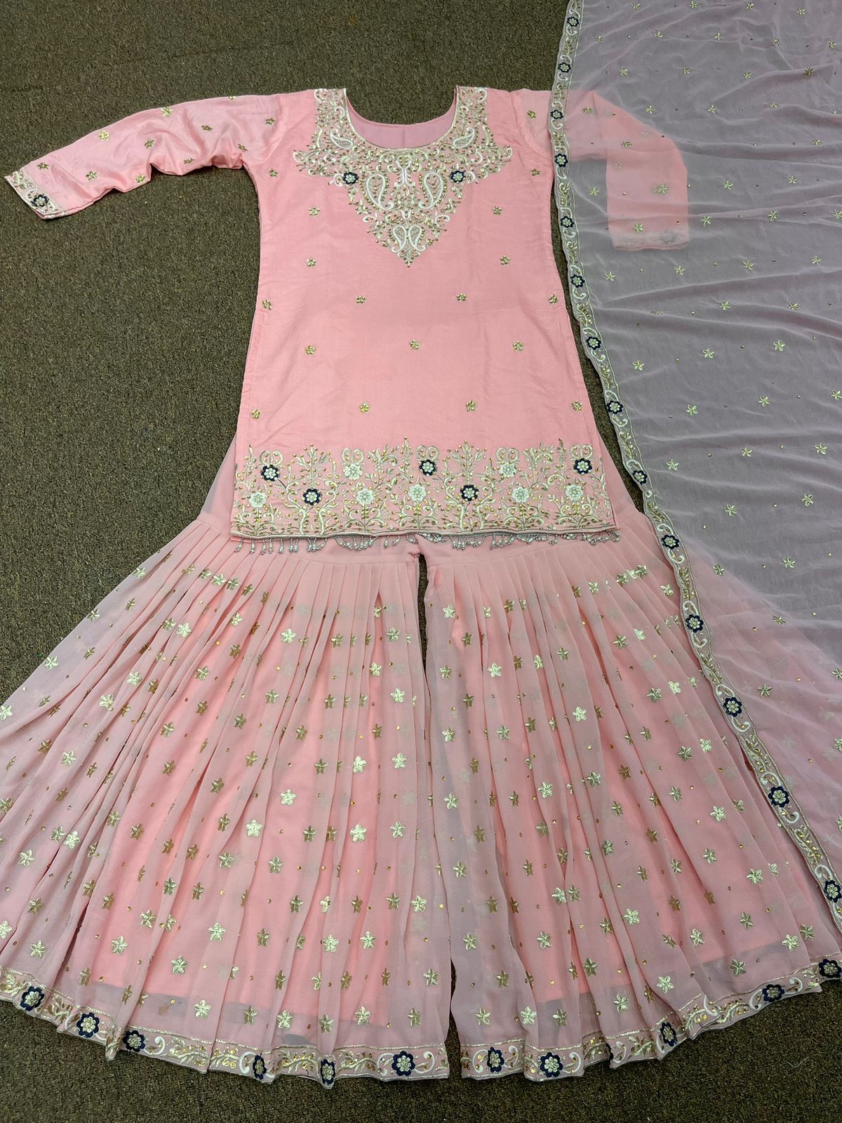 Stylish Peach Color Embroidery Work Sharara Suit