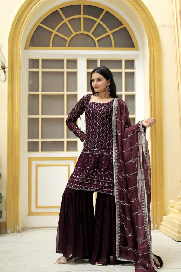 Outstanding Thread Work Wine Color Designer Sharara Suit