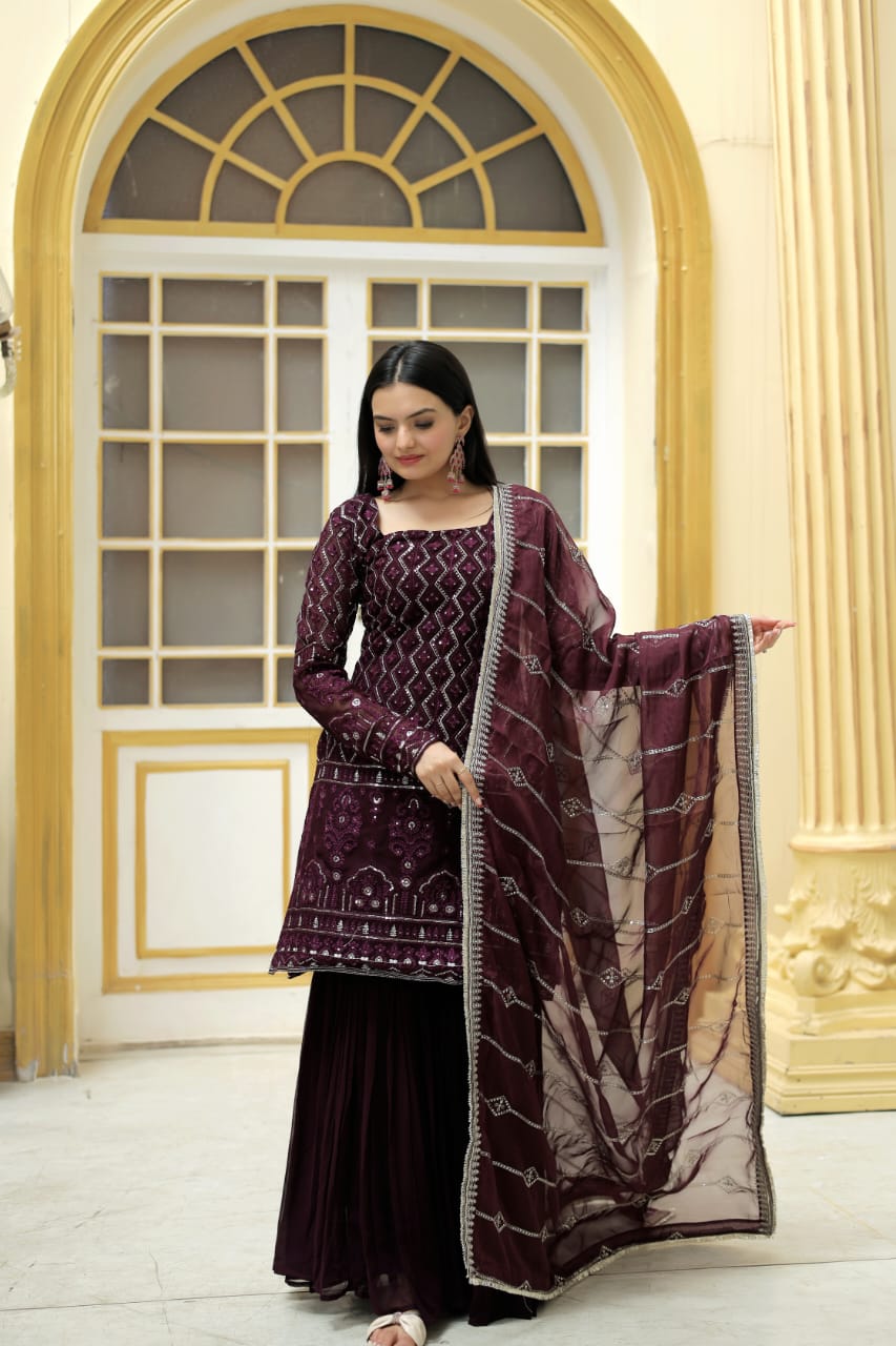 Outstanding Thread Work Wine Color Designer Sharara Suit