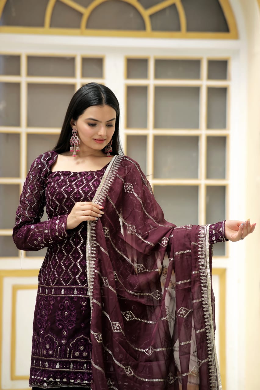 Outstanding Thread Work Wine Color Designer Sharara Suit