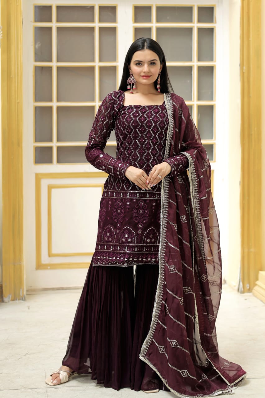 Outstanding Thread Work Wine Color Designer Sharara Suit