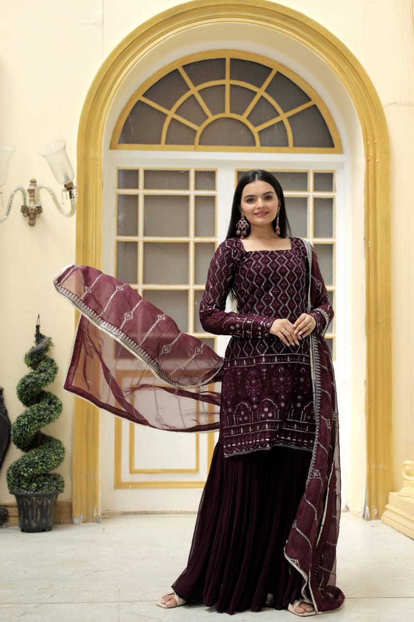 Outstanding Thread Work Wine Color Designer Sharara Suit