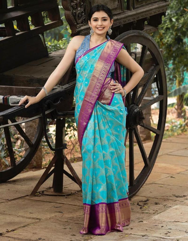 Golden Jari Design Sky Blue Color Jacquard Border Saree