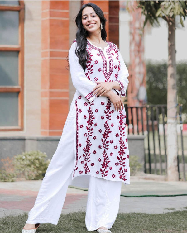 Red Thread Work With White Color Palazzo Suit