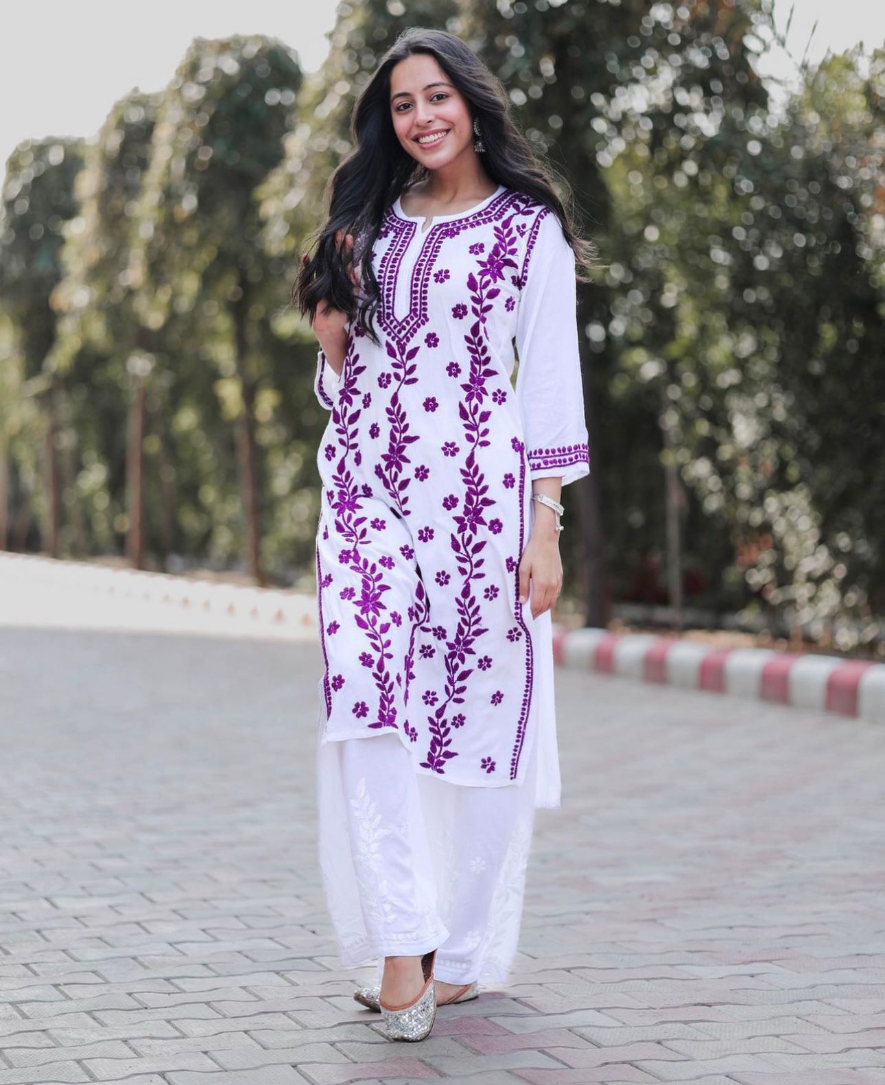 Purple Thread Work With White Color Palazzo Suit